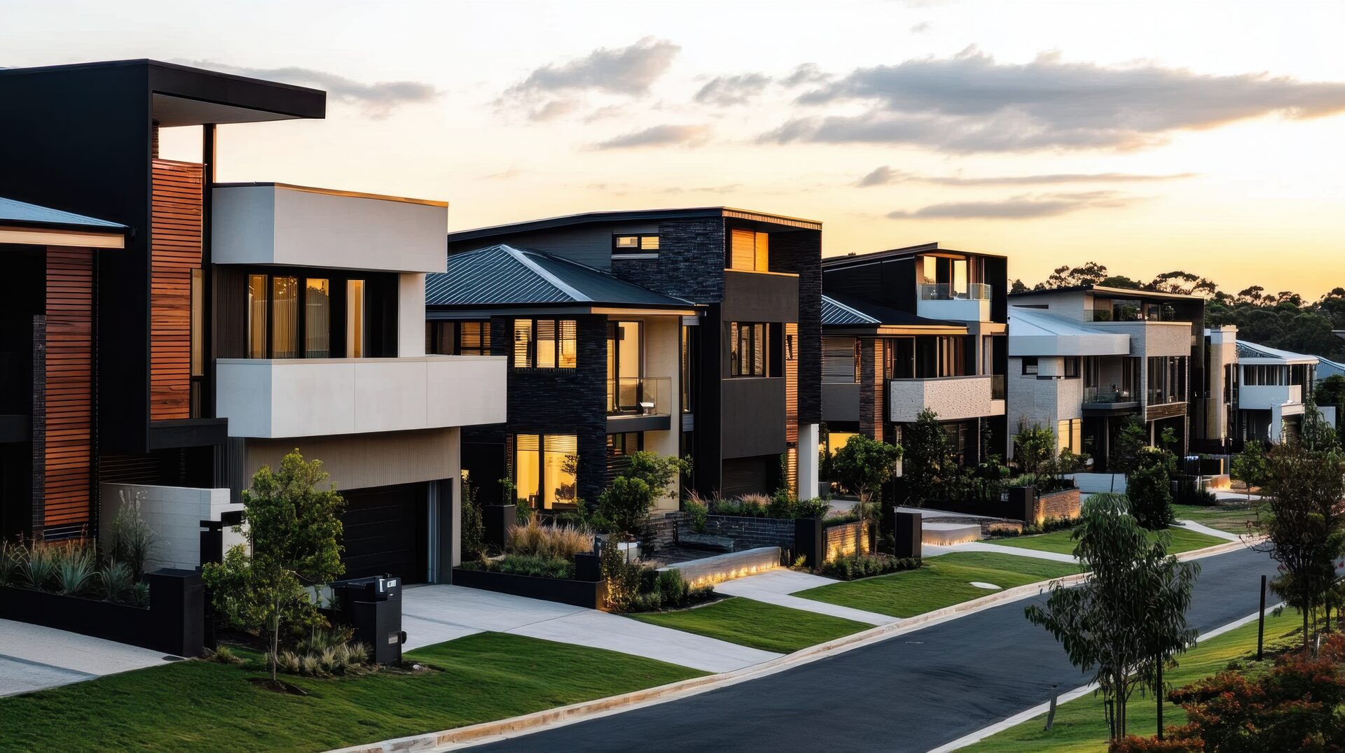 A street of modern Australian architect-designed homes at dusk, with warm lights and landscaped front gardens.