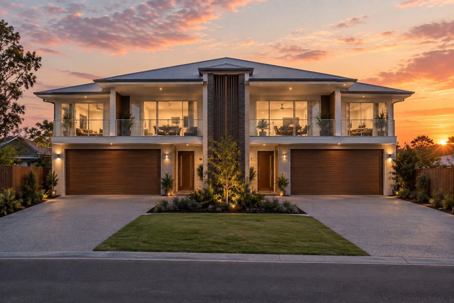 A two-storey Australian duplex at sunset with two dwellings, two front doors and two garages, on how duplex investment creates instant equity.